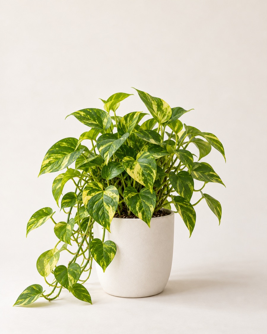 Golden pothos in a white ceramic pot