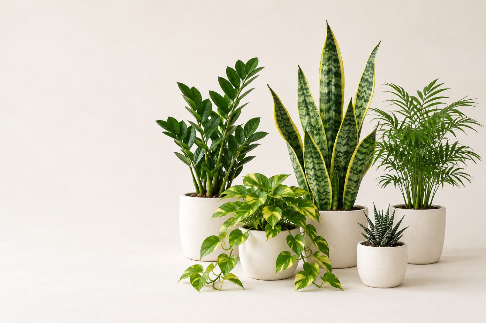 Five houseplants in matching white pots: a ZZ plant, golden pothos, snake plant, parlor palm and zebra haworthia