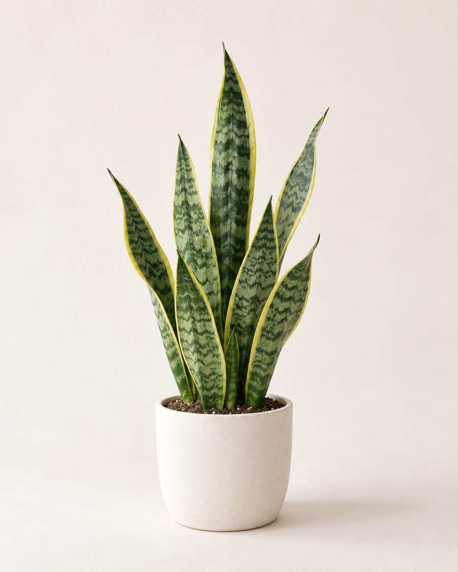 Snake plant in a white ceramic pot