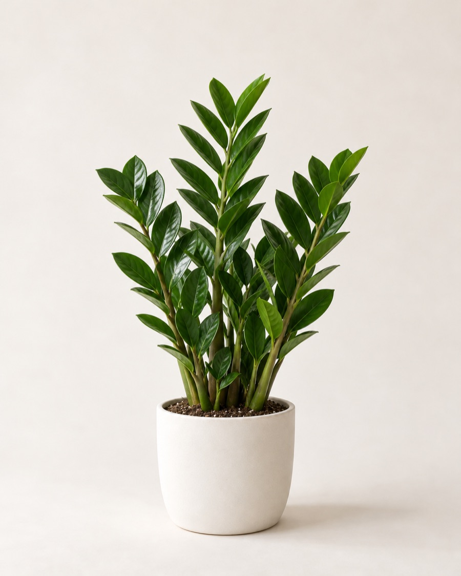 ZZ plant in a white ceramic pot